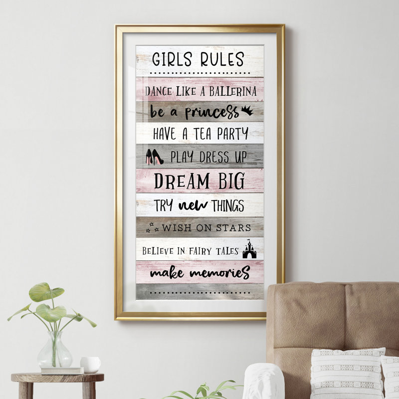 «Girls Rules - Art encadré», reproduction d'art textuel, Papier avec cadre doré, H 14,5 po x l 26,5 po x P 1,5 po