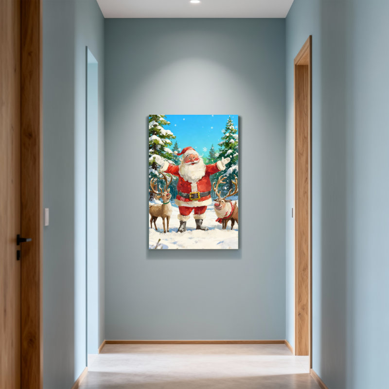 Noël père Noël avec renne dans la forêt enneigée, H 18 po x l 12 po