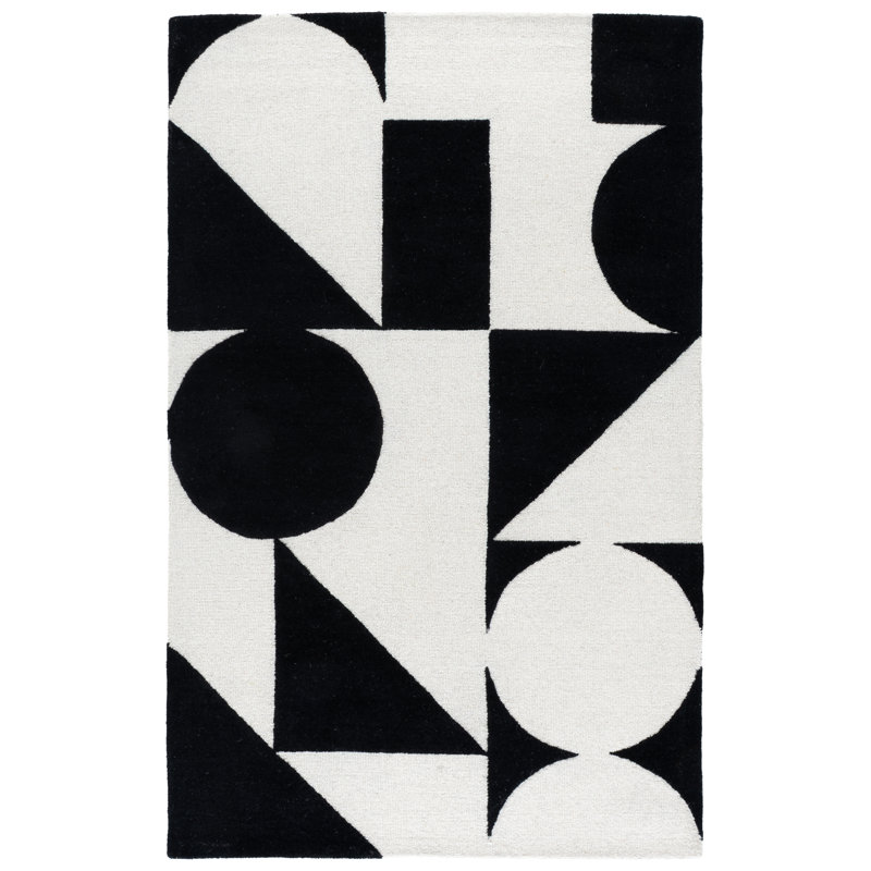 Geometric Handmade Tufted Wool Ivory/Black Area Rug, Rectangle 5' x 8'