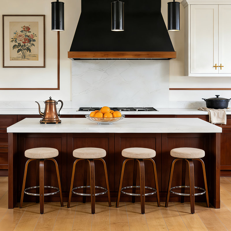 26 '' Swivel Upholstered Round Counter Stool With Bentwood Frame, Brown Seat/ Walnut Frame