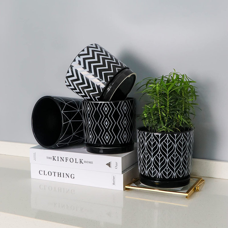 Set of 4 White Ceramic Planters with Drainage Holes