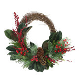 23'' Holiday Wreath with Mixed Greenery, Berries and Pinecones