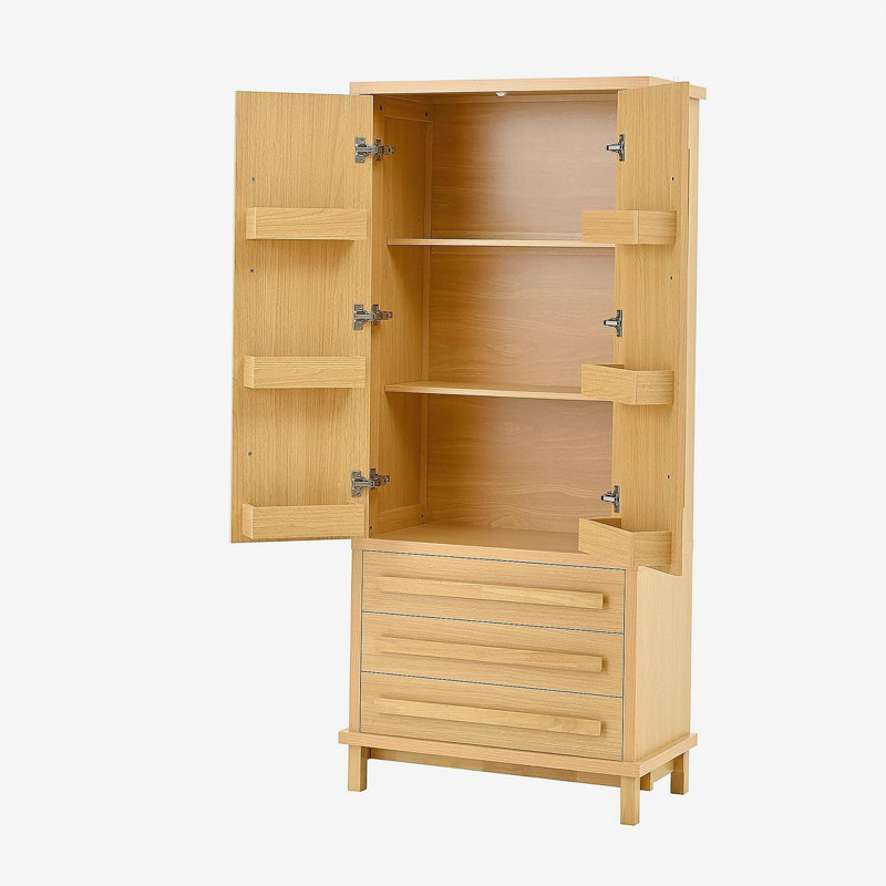 70" Kitchen Pantry Cabinet with 2 Cabinet Shelves,Luxurious Wooden Cupboard with 6 Door Shelves and 3 Drawers for Kitchen, Dining Room,Natural