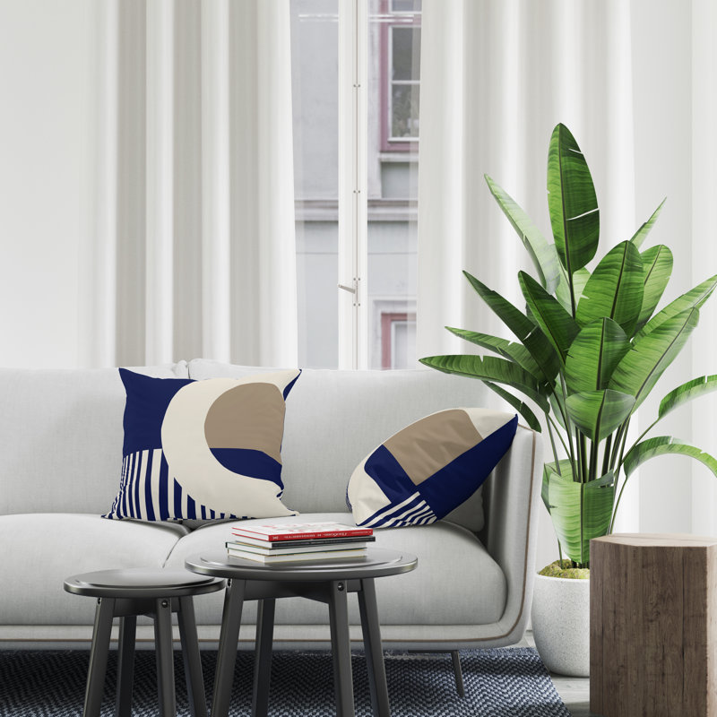 Jeté carré en polyester intérieur / extérieur, Beige/bleu marine, L 15 po x H 15 po