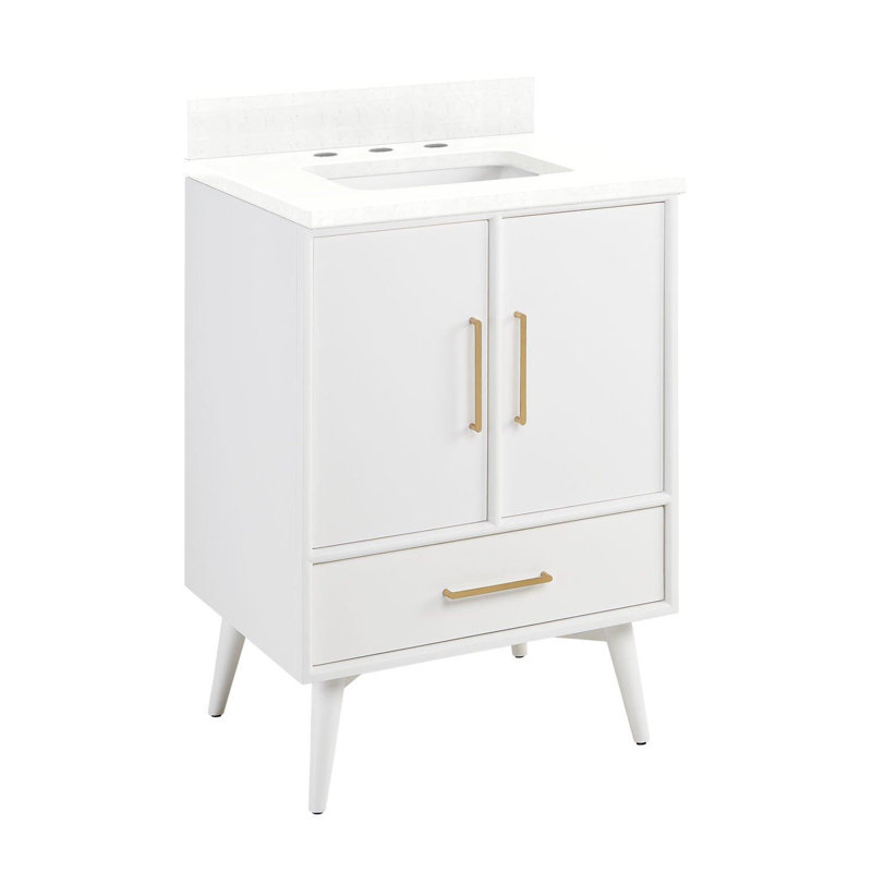 24" Novak Single Bathroom Vanity Set with Rectangular Undermount Sink, Natural Teak, 8" Widespread, Feathered White Quartz
