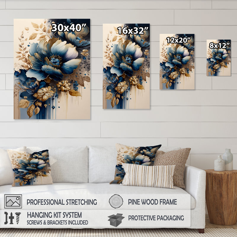 «Blue and Gold Floral Bunch III», art mural floral grand, H 32 po x l 24 po x P 1 po, Toile tendue