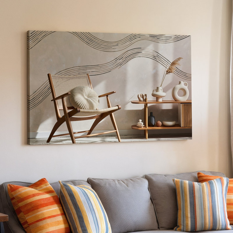 Toile, scène intérieure sereine avec art mural orné d'un mur beige clair avec des motifs abstraits de lignes fluides dans une toile légèrement plus légère
