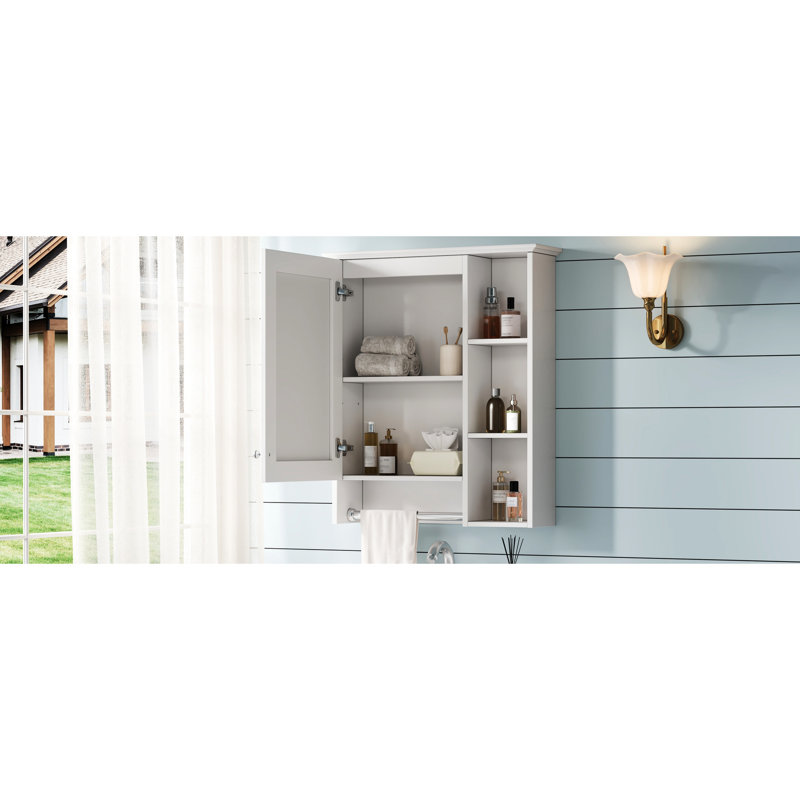 Armoire de salle de bain murale moderne de 24 pouces avec tablette réglable, barre de tour et miroir haute définition, construction en bois massif peint blanc