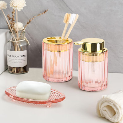 Ensemble d'accessoires de salle de bain, 4 pièces d'accessoires de salle de bain en verre avec distributeur de savon complet, porte-savon, porte-brosse à dents, gobelet, décoration de salle de bain, cadeau pour appartement ()