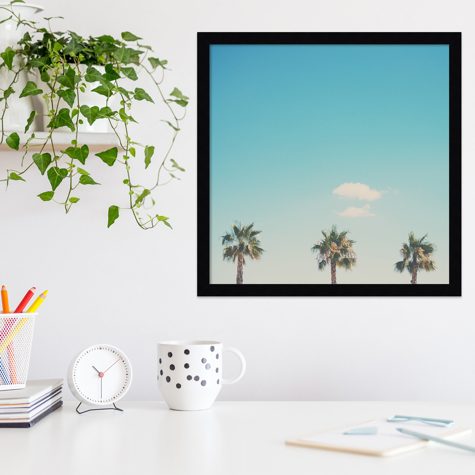 A Trio Of Palm Trees by Laura Evans, Natural Framed, 33.38" H x 33.38" W x 0.875" D