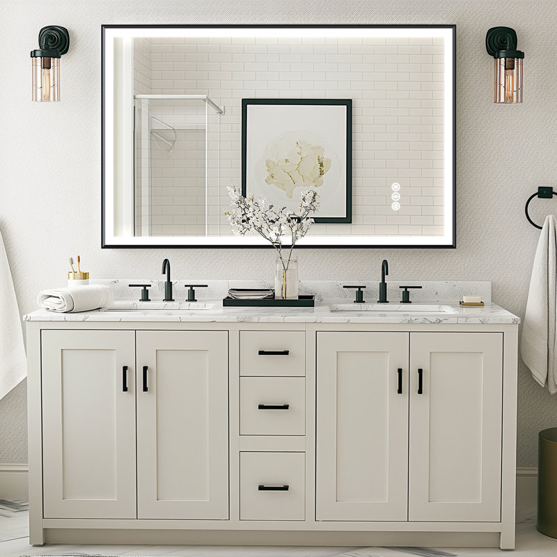 Beveled Black Brushed Framed LED Lighted Bathroom Mirror, Anti-Fog, Tempered Glass, Touch Sensor, 3 Colors, Dimer, Front Light