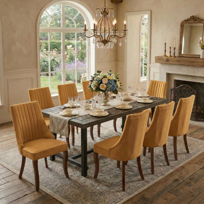 9 Pieces Modern Farmhouse Rectangle Dining Set with Mid-century High Back Dining Chair Set for 8