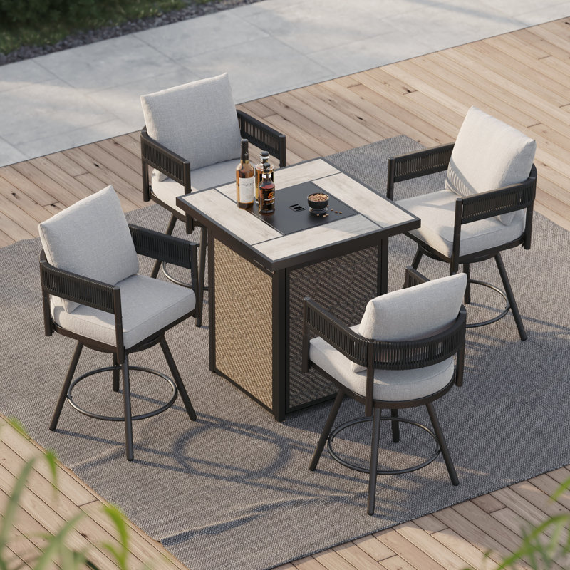 Maine Outdoor 5 Piece Steel Wicker Dinning Bar Stools  With Fire Pit, Black Wicker/Mixed Gray Beige