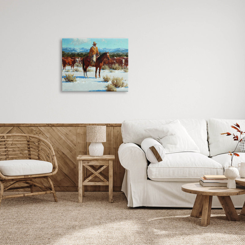 Hiver, cowboy, bovins, paysage, estampe numérique par Jimmy Dyer, H 24 po x l 30 po x P 1,5 po, Giclée encadrée noir minuit