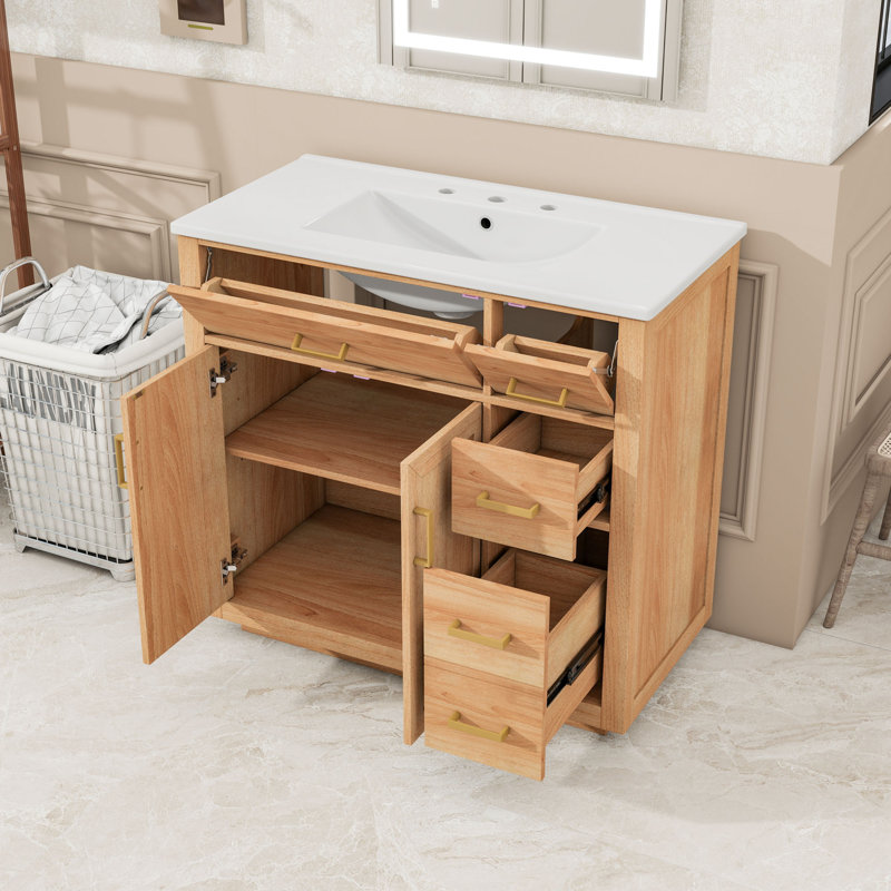 Meuble-lavabo autoportant élégant avec lavabo en céramique, tablette réglable et tiroirs à fermeture en douceur