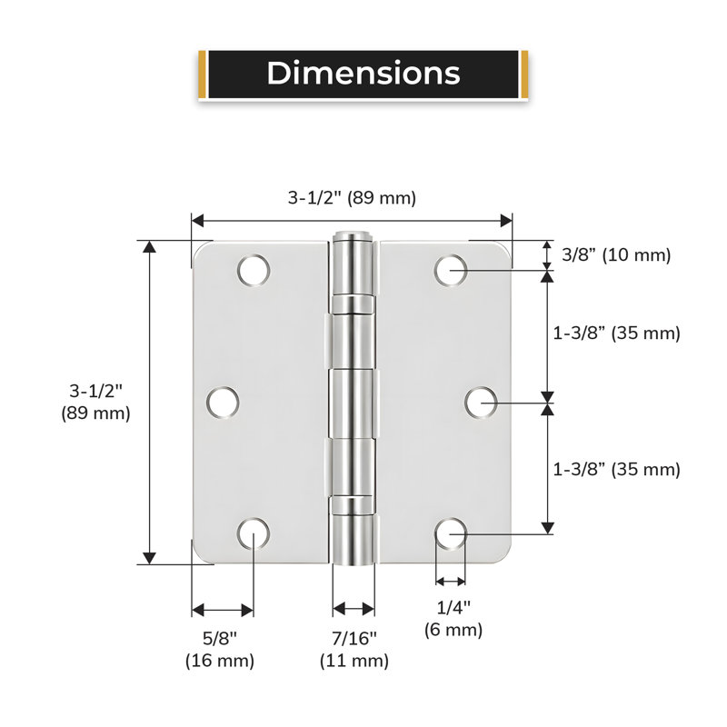S35R4BB14 Charnière à rayon 3 1/2 po x 3 1/2 po x 1/4 po, roulement à billes en nickel poli, Nickel poli