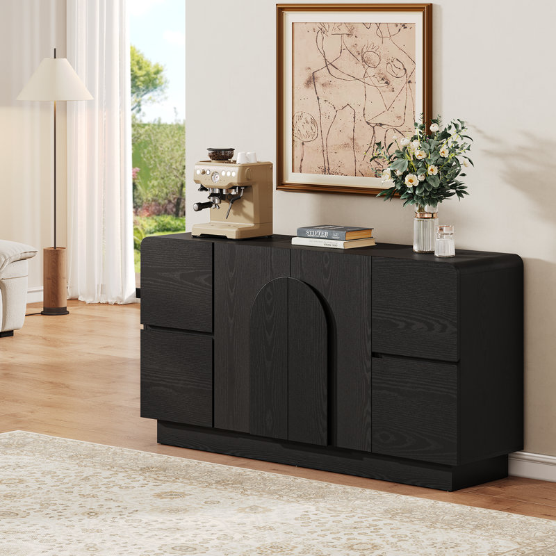 Buffet de 60 po avec tablette réglable et 4 tiroirs pour la cuisine, la salle à manger et le salon, Noir