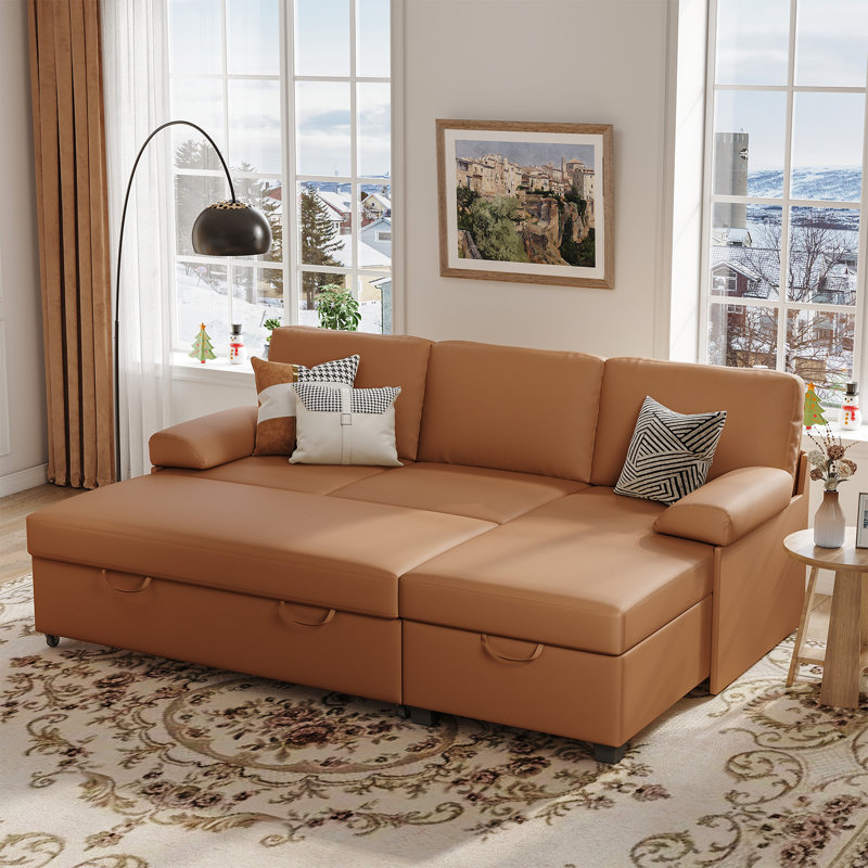 80" Wide Sleeper Sectional with Pull-Out Bed and Storage Chaise, Brown Faux Leather