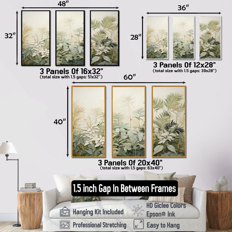 «Vintage Jungle Landscape I», ensemble d'art mural Jungle, H 40 po x l 60 po x P 1 po, Cadre flottant doré