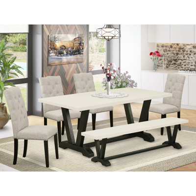 6 Piece Dining Table Set Contains a Rectangle Dining Room Table with V-Legs and 4 Doeskin Linen Fabric Parson Chairs with a Bench, Wire brushed Black