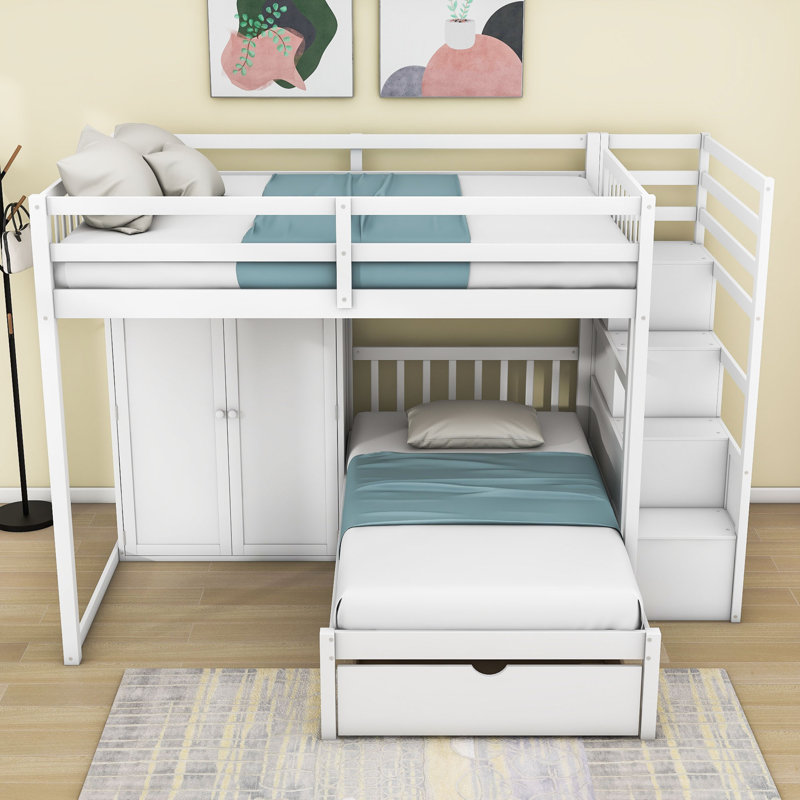 Lit superposé double au-dessus de simple avec 5 tiroirs, escalier et garde-robe, Blanc