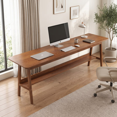 63" Mid-Century Modern Computer Desk with Storage Shelf, Extra Long 2-Person Writing Desk with Solid Wood Legs for Home Office in Walnut