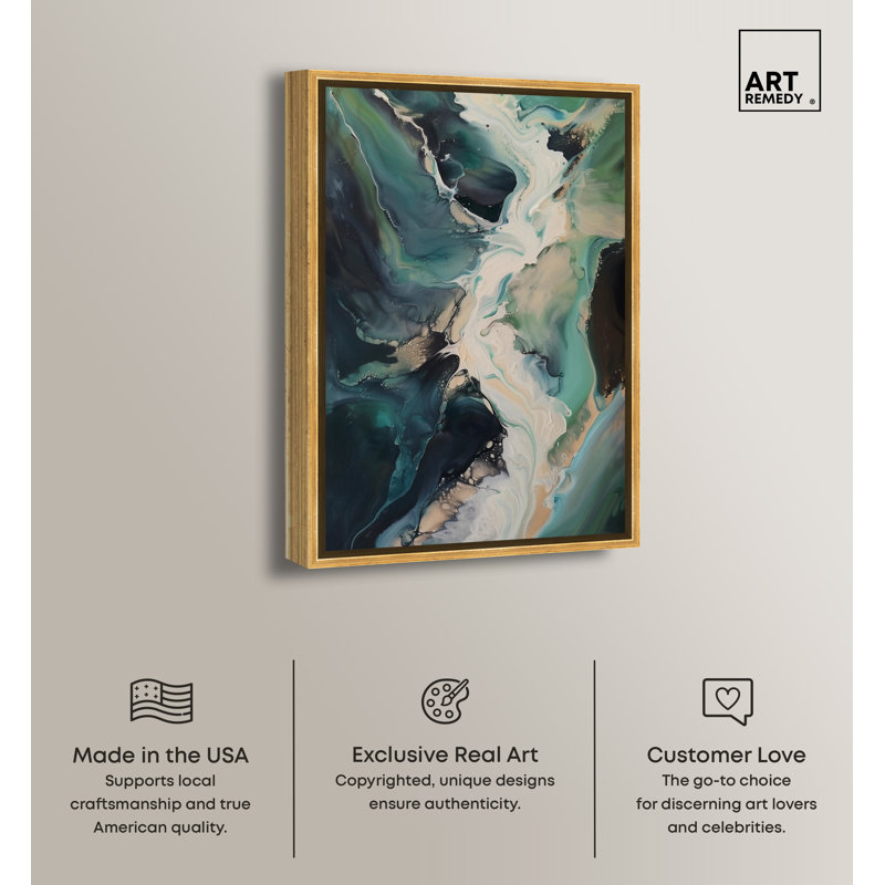 Sage River Blue and Green Abstract Canvas Art with Gold Frame