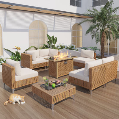 8 - Piece Outdoor Wicker Patio Conversation Furniture Set With Fire Pit Table