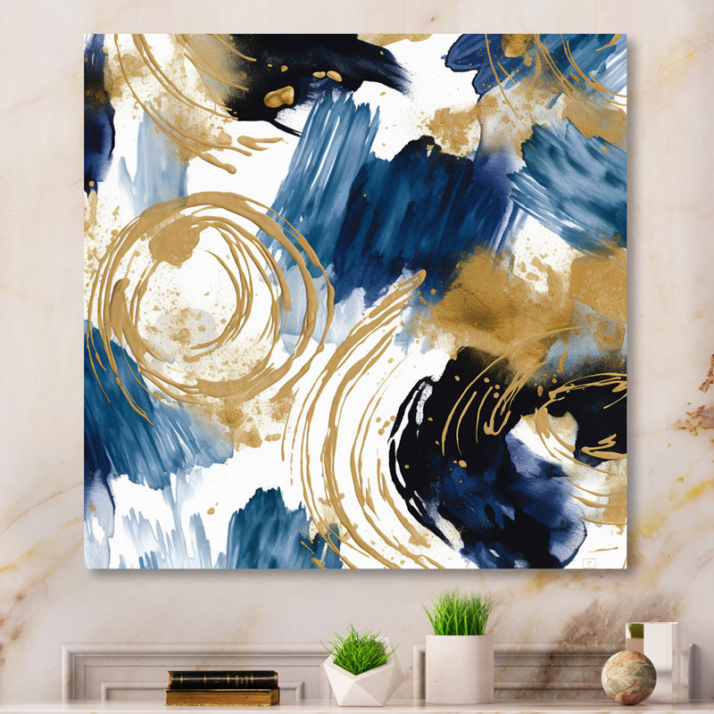 Motif abstrait avec des textures bleues et dorées - Impression sur toile abstraite, Toile tendue, H 24 po x l 24 po x P 1 po
