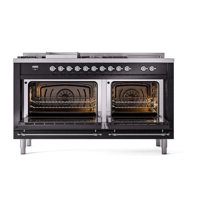 ILVE Nostalgie II Noblesse 60 in Dual Fuel Range 7 Burner, Griddle, Frenchtop, Liquid Propane, Glossy Black/Chrome
