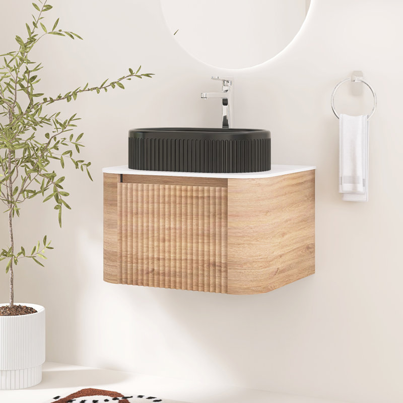 Meuble-lavabo mural cannelé 24 po avec lavabo vasque en céramique, tiroir et porte-serviettes, Honey Oak