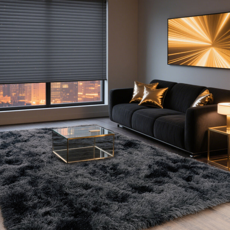 Tapis à poils longs 8 x 10 po pour le salon, grands tapis moelleux de luxe pour la chambre à coucher, envers antidérapant de qualité supérieure, idéal pour les endroits très passants à l'intérieur, esthétique intérieure, teinture par nœuds gris noir