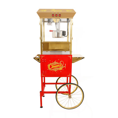 16Oz Commercial Popcorn Machine With Cart  and 16 Oz Kettle , Movie Theater Popcorn Machine, Red Golden Pop Corn Machine with 3-Switch Control & Steel Frame Tempered Glass Doors
