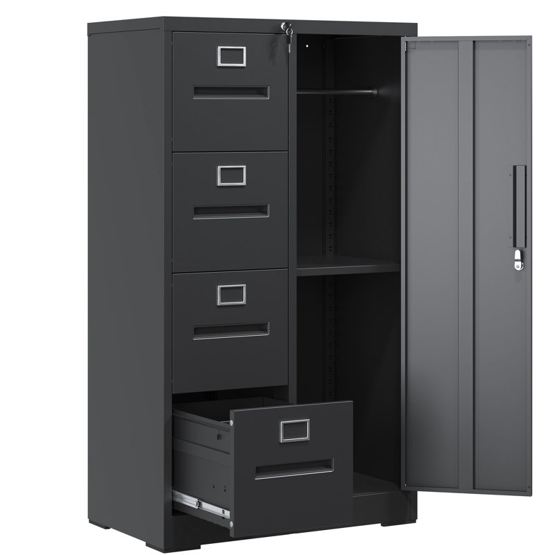 Black File Cabinet With 4 Drawers, Adjustable Hanging Rails, , Suitable For Living Room Steel Locker Lock, And Storage Wardrobe, High - Quality Material, Silent Operation Bedroom