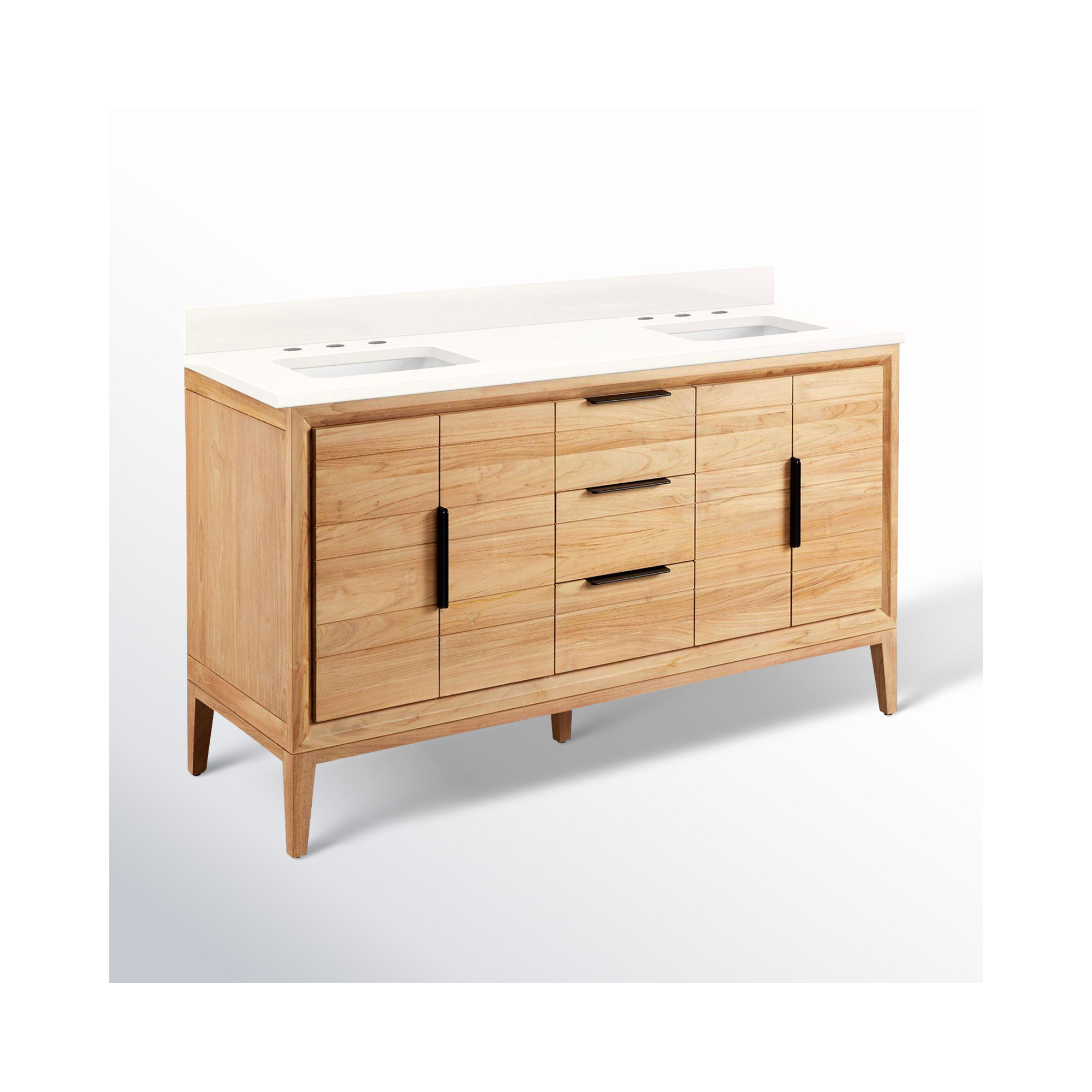 Aliso 60" Double Bathroom Vanity, Natural Teak, Arctic White Quartz, 8" Widespread
