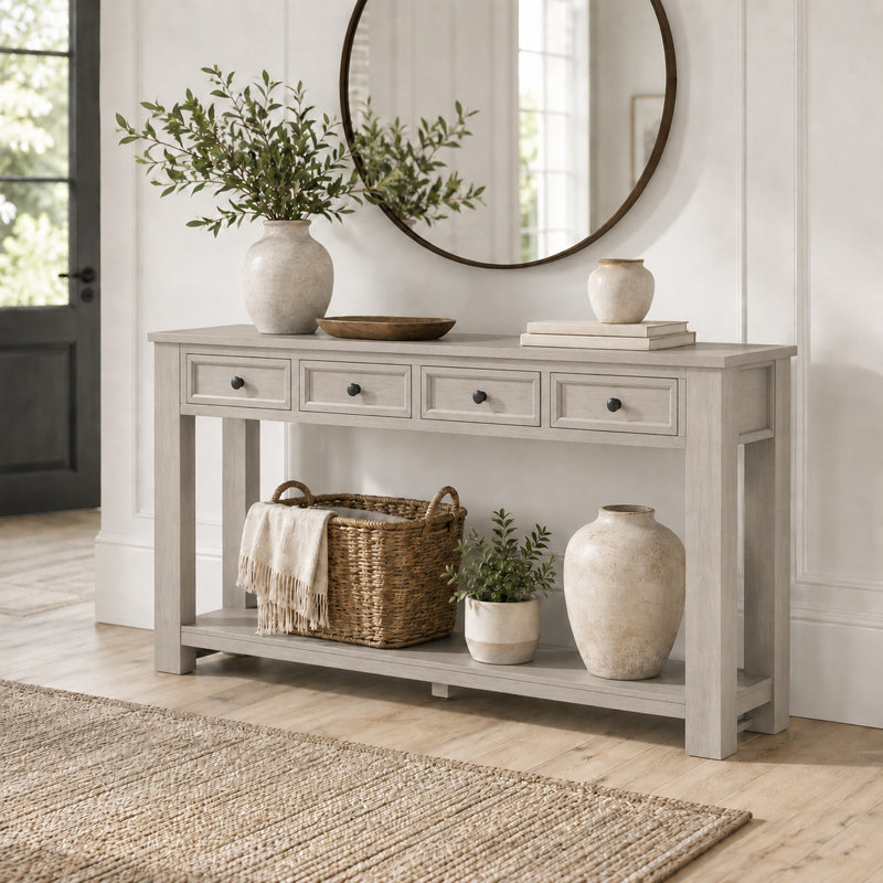 Console en bois avec tiroirs et tablette inférieure Ameah, Gris délavé