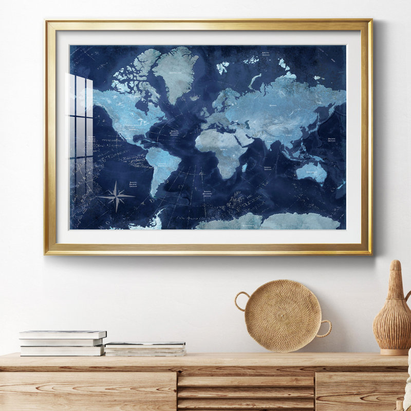 Carte du monde - impression encadrée, Papier encadré doré, H 30,5 po x l 42,5 po x P 1,5 po, Blanc mat