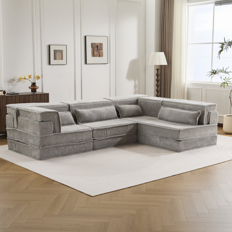 Compression Mahjong Sofa,Convertible Floor Sofa Bed,DIY Boneless Modular Sectional Sofa,No Assembly Required,Circle Fleece Fabric,Oversized 4 Seater With 4 Pillows,Light-Grey