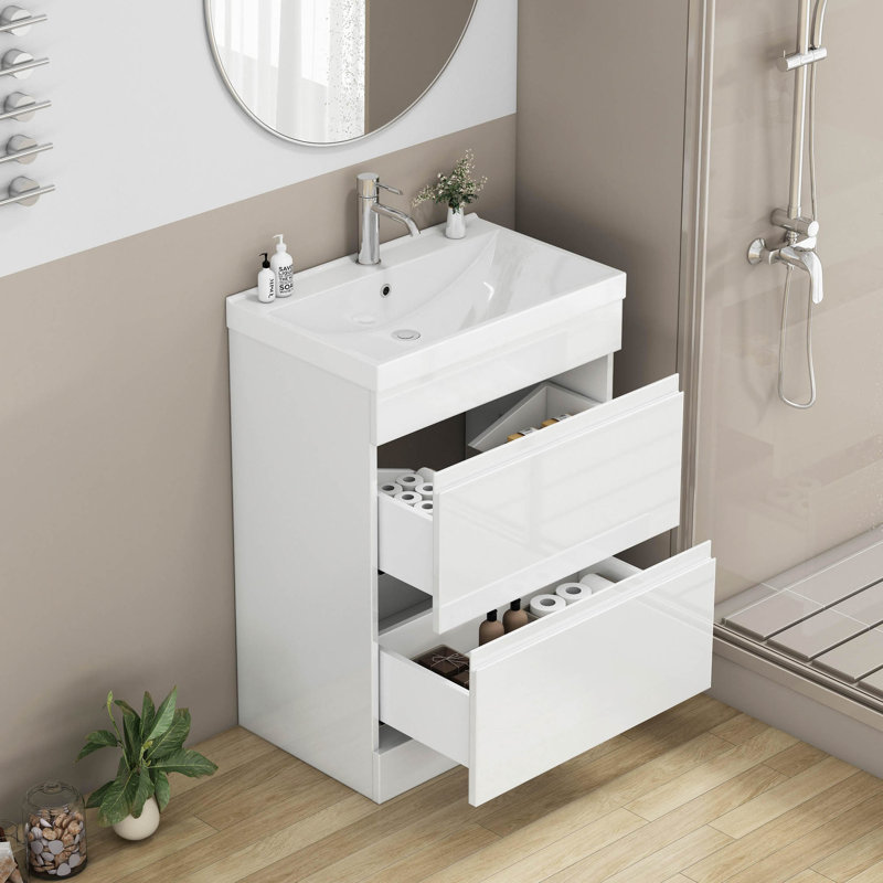 Ensemble de meuble-lavabo 24 po avec lavabo, armoire à 2 tiroirs, armoire de salle de bain autoportante à assemblage rapide, système de fermeture en douceur, cuve en céramique à bords épais unique, conception sans poignée