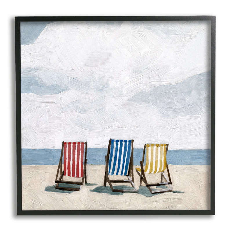 «Au-412-Giclee Beach Chairs Coastal Cloudy Shore» par Emma Scarvey, peinture, L 24 po x H 24 po x P 1,5 po