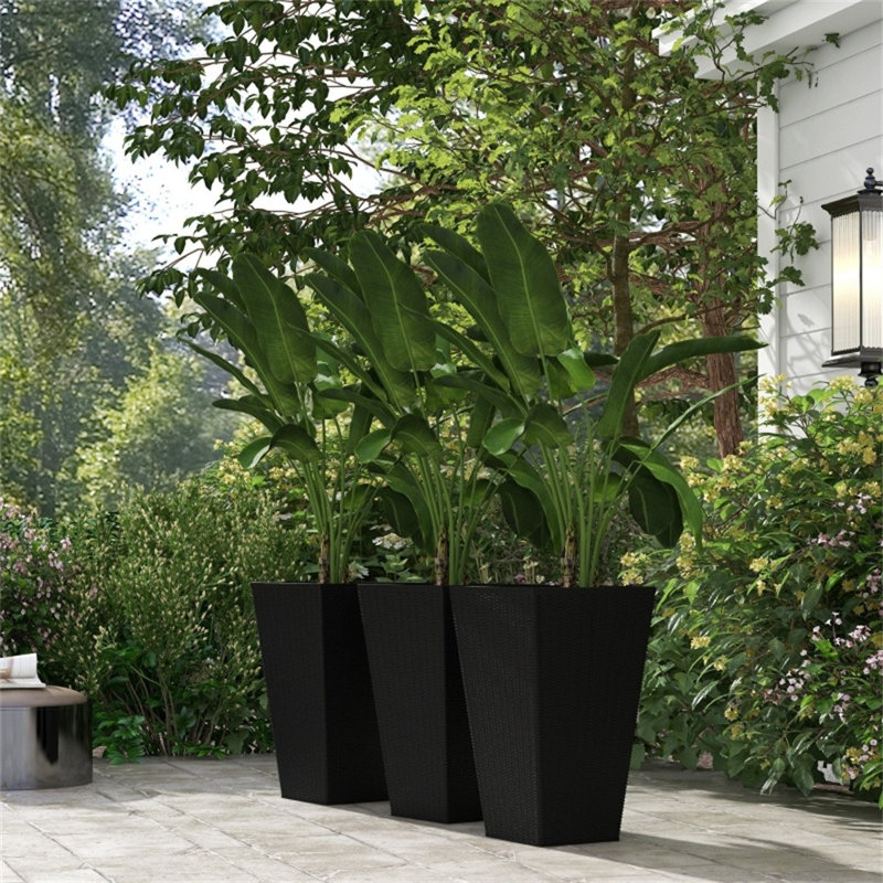 Ensemble de 3 grands pots de fleurs empilables en bois artificiel avec trous de drainage pour terrasse de patio, Black