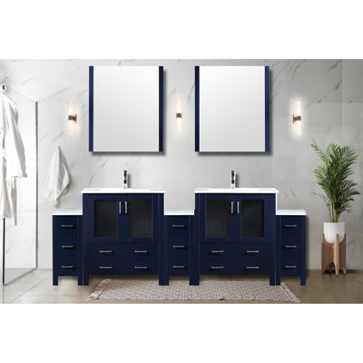96 po. Bleu marine, meuble-lavabo double, armoires latérales, miroir inclus, robinet, meuble-lavabo bleu anti-rayures et antitaches W, 28 miroirs à un trou, plateau en céramique blanche pour salle de bain tendance