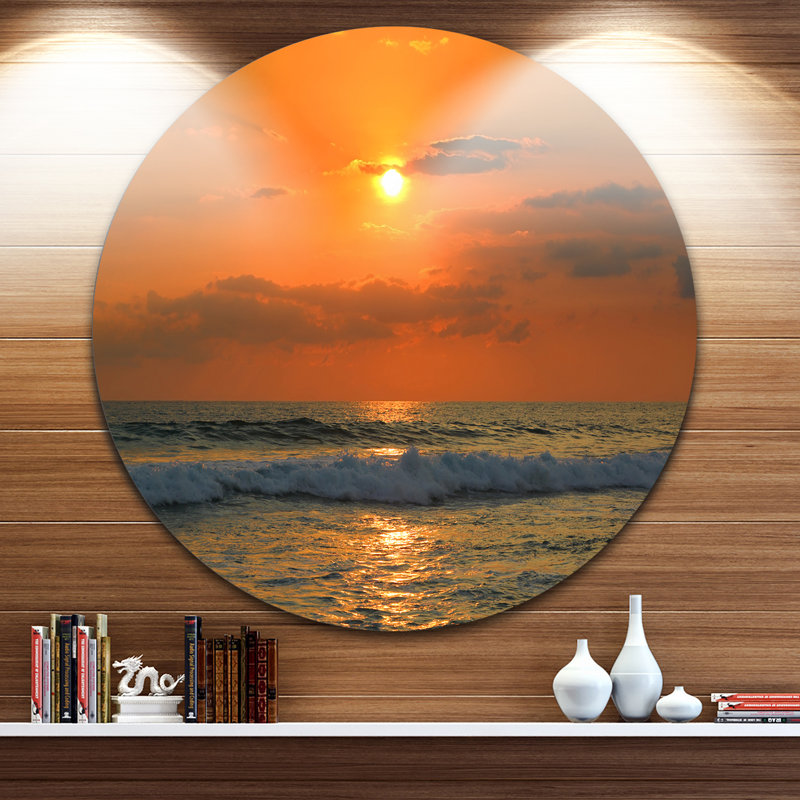 «Orange Tinged Tropical Sunset and Waves», photographie sur métal, H 36 po x l 36 po