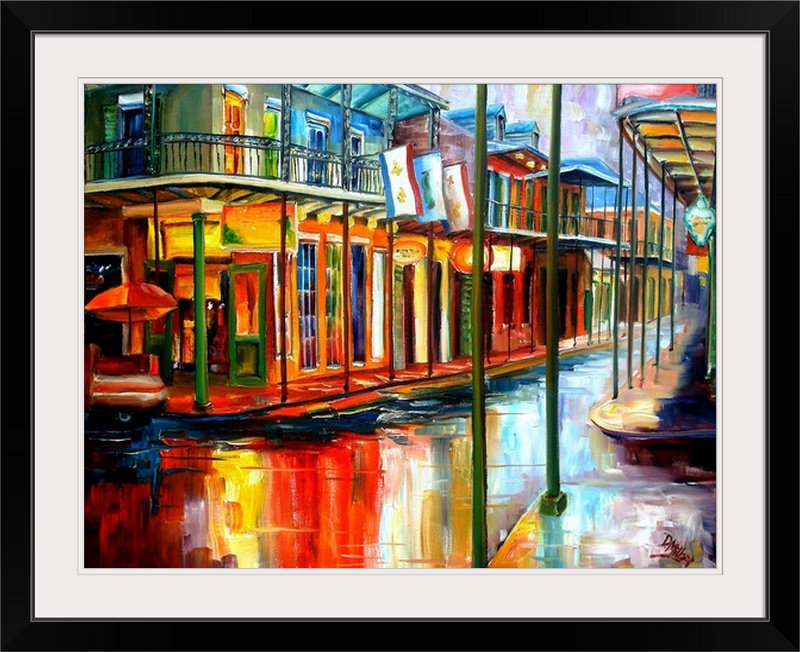 «Downpour on Bourbon Street» par Bebe, reproduction d'art, H 20 po x l 24 po x P 1 po, Cadre noir