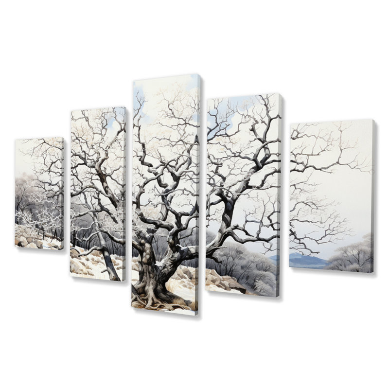 Arbre gris monochromatique sérénade III - Art mural sur toile floral - 5 panneaux