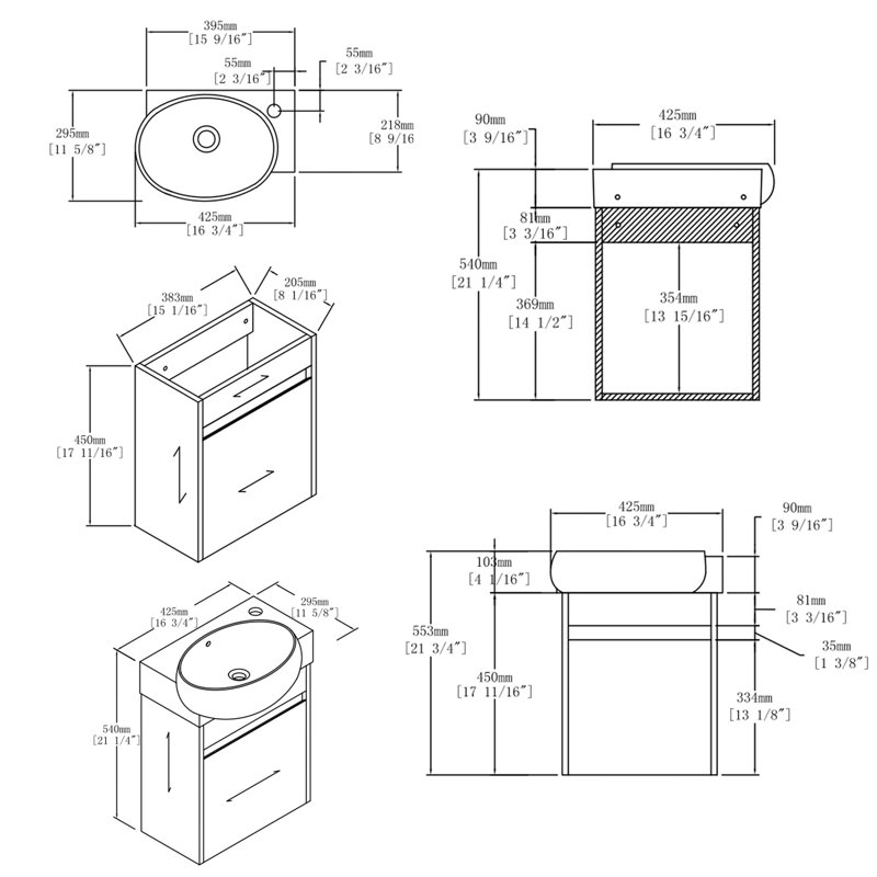 Ensemble de meuble-lavabo mural 16 po avec lavabo et portes à fermeture en douceur pour petites salles de bain, Grey