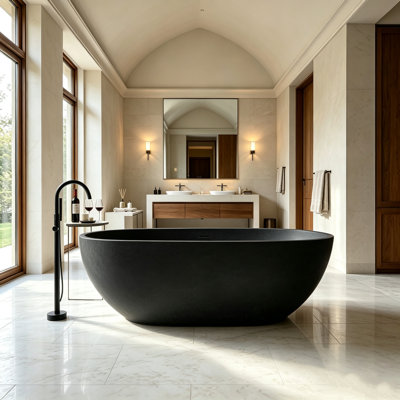 Baignoire de trempage autoportante noire à surface solide 51 "x 27" avec trop-plein et bonde escamotable MonBlari pour salle de bain