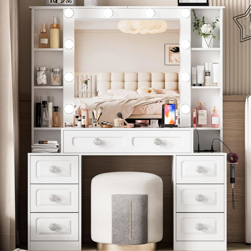 Dressing Table, Lights, Mirror, Drawers, Ports, Brightness Control, Hair Dryer Holder, Bedroom Vanity Desk, Glass Top, Stool, Charging