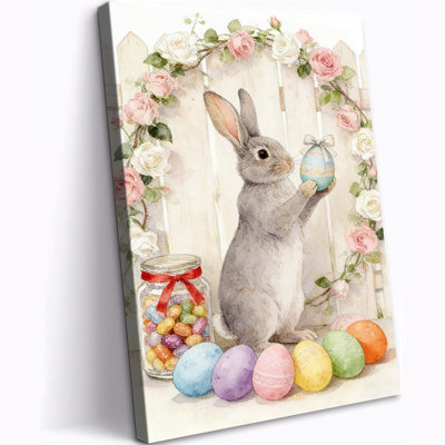 Easter Bunny Canvas Wall Art, Rabbit with Floral Crown Picture Print, Colorful Eggs and Candy Jar Painting Poster, Spring Religious Christian Wall Decor for Bedroom Living Room Ready to Hang, 12×16 Inches
