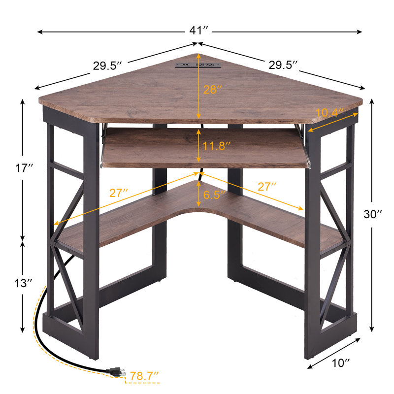 Lambrecht Corner Desk With Outlets & USB Ports, Triangle Computer Desk With Charging Station, Storage Shelf, Space Saving Writing Desk For Small Space